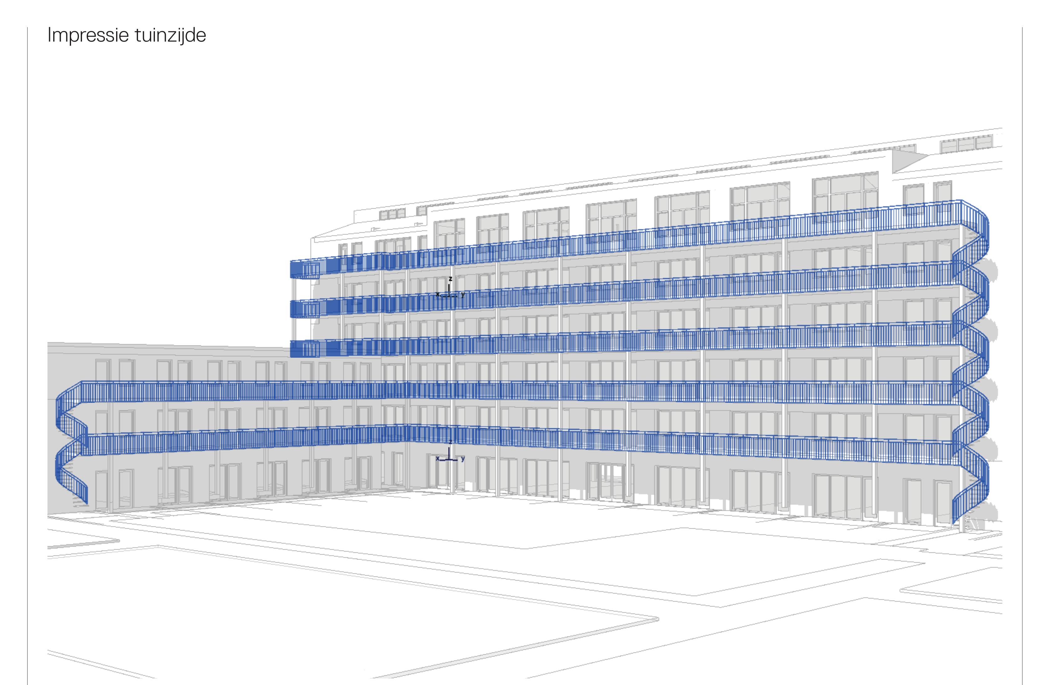 Impressie tuinzijde met gallerijen